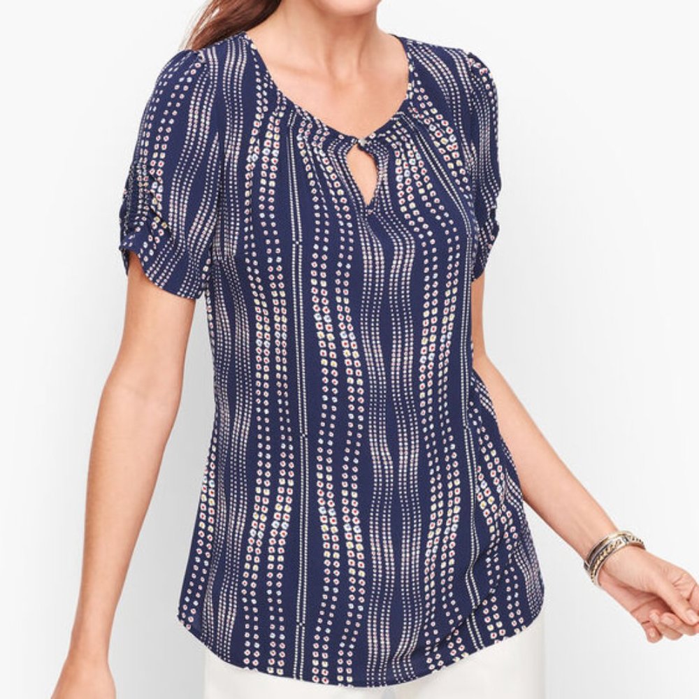 Talbots Floral Stripe Top Short Sleeve Blouse Shirt Blue Petite Small NWT - Picture 1 of 6